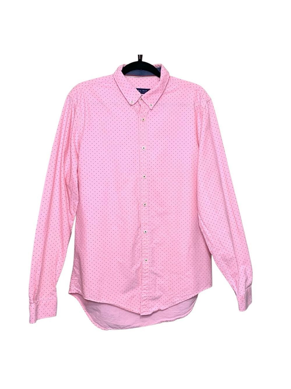 Zara Men Pink Pique Long Sleeve Button-Down Shirt Black Micro-Dot Sz XL Slim Fit